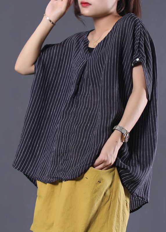 Beautiful blue striped linen clothes For Women v neck baggy summer top — image 2