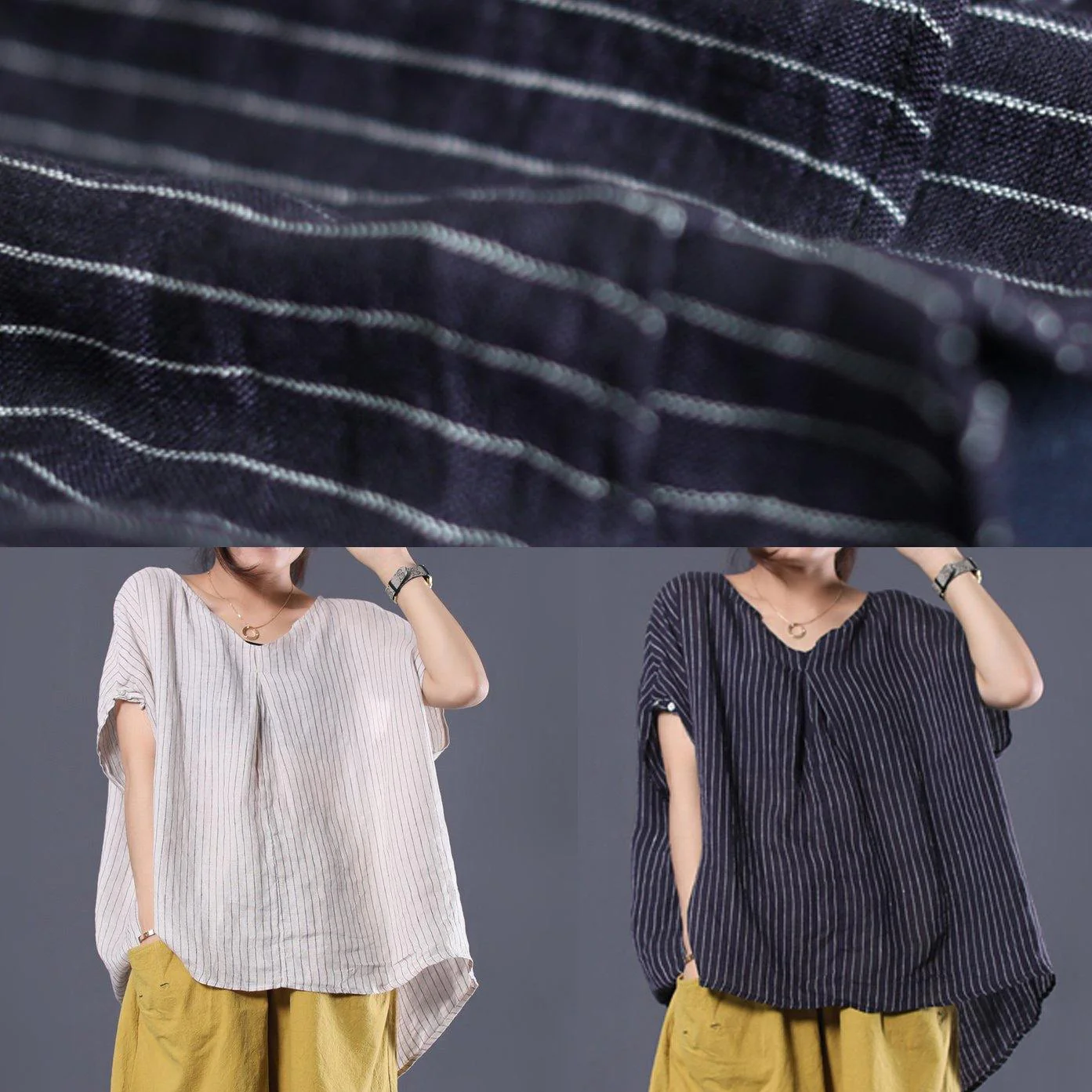 Beautiful blue striped linen clothes For Women v neck baggy summer top — image 4