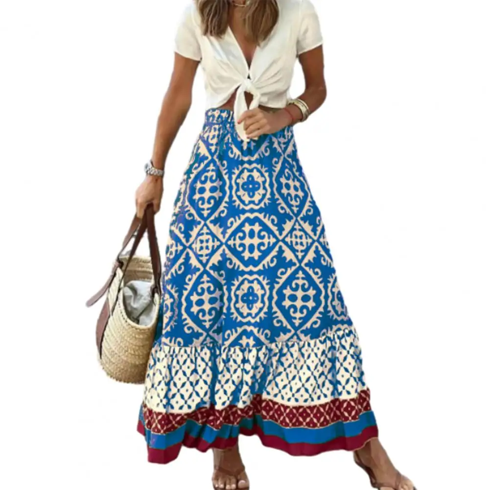 Boho Retro Floral Print Elastic Waist Pleated Casual Holiday Beach Skirt — image 4