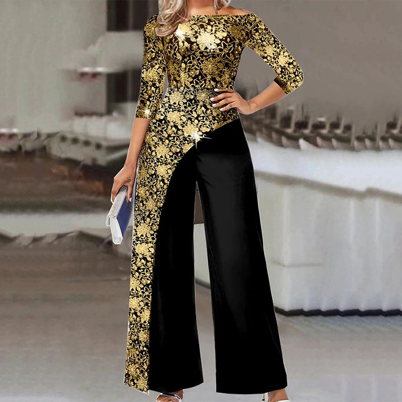 Elegant One Shoulder Partyr Fashion Pattern Abstract Printed Jumpsuits Vintage Patchwork Wide Leg Playsuit Overalls — image 3