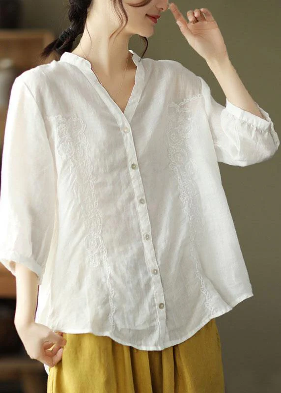 French Khaki Embroideried V Neck Ramie Blouse Top Summer — image 2