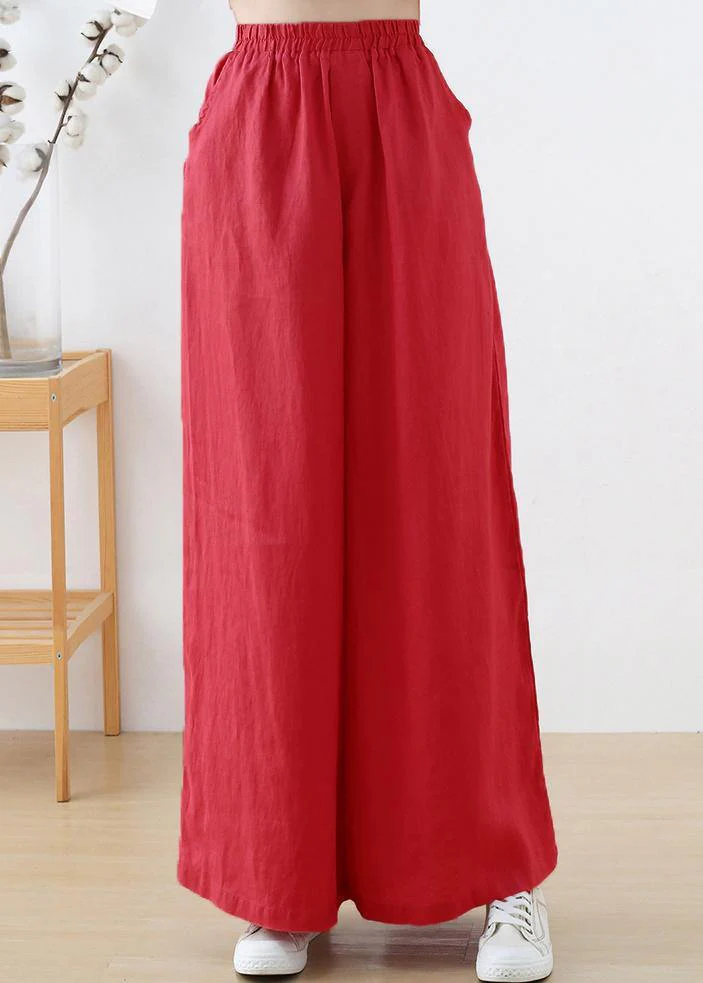 Handmade Beige Elastic Waist Wide Leg Linen Pants — image 2