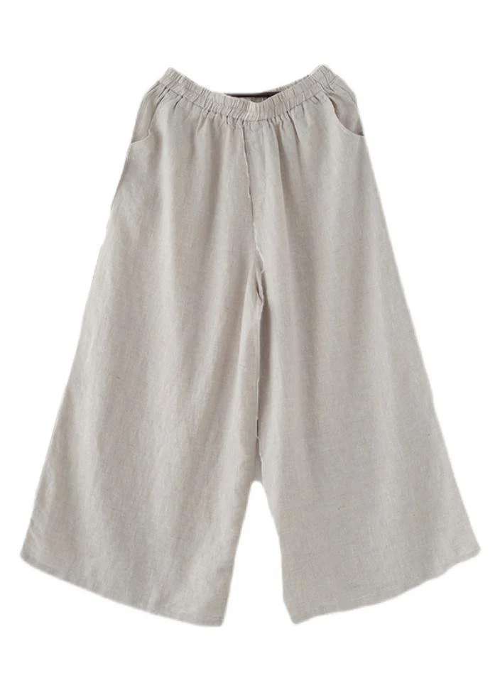 Handmade Beige Elastic Waist Wide Leg Linen Pants — image 3