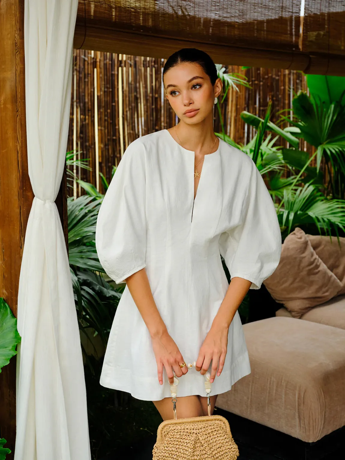 Cotton-Linen Blend V-Neck Puff Sleeve Dress — image 4