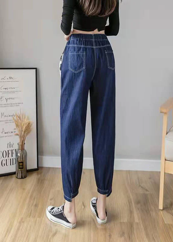 Italian Spring Casual Pants Stylish Denim Blue Photography Elastic Waist Patchwork Women Pants — image 2