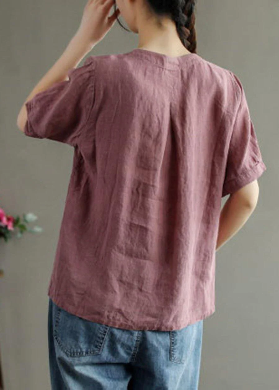 Loose Pink V Neck Embroideried Floral Summer Linen Shirt — image 2