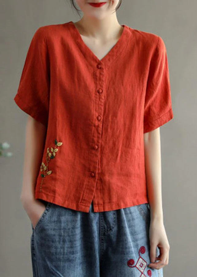 Loose Pink V Neck Embroideried Floral Summer Linen Shirt — image 4