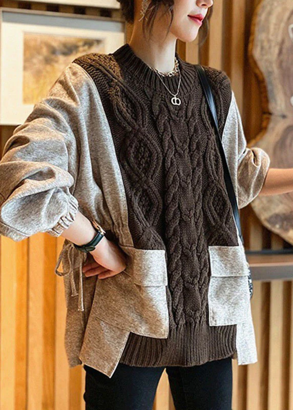 Natural Chocolate Patchwork Pockets Cinched Thick Fall Knit Sweater — image 3