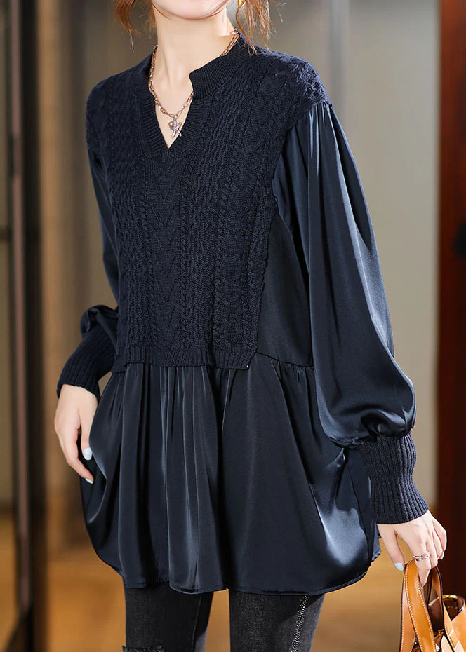 Navy Knit Blouses Puff Sleeve Winter Top — image 2