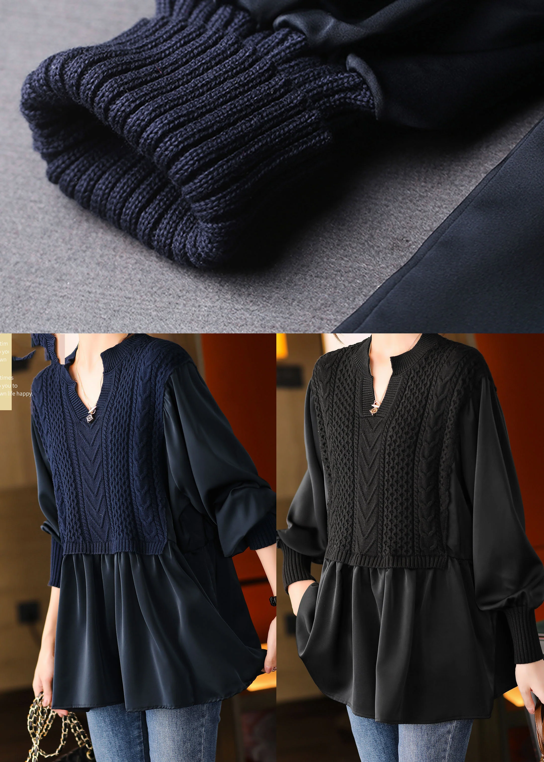 Navy Knit Blouses Puff Sleeve Winter Top — image 4