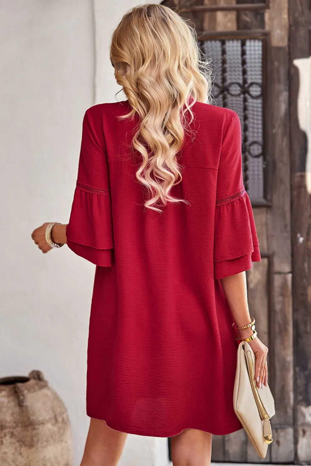 Notched Neck Flare Sleeve Pocket Dress — image 2