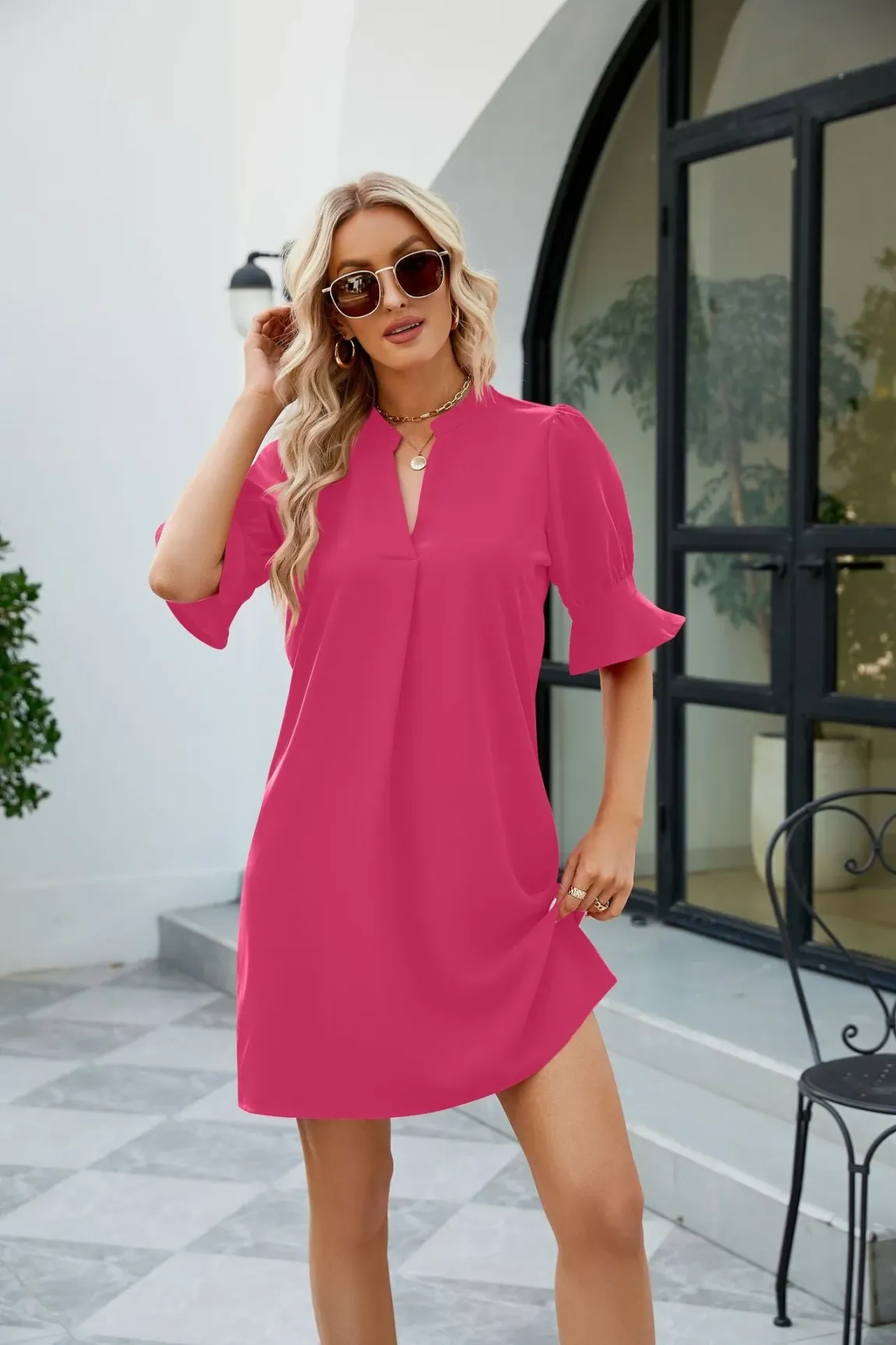 Notched Neck Flounce Sleeve Mini Dress — image 3