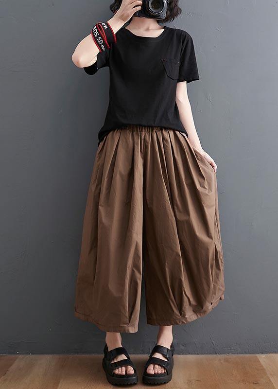 Plus Size Brown Pockets Wide Leg Pants Trousers Summer Cotton Linen