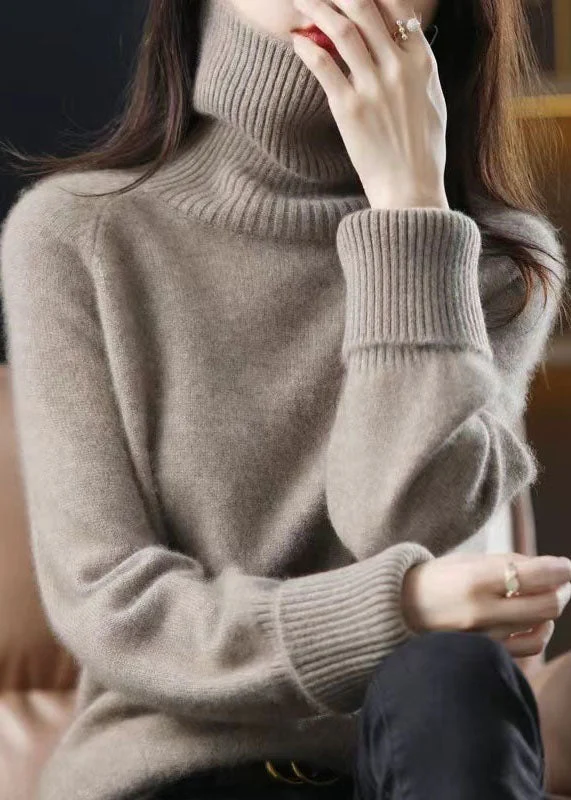 Unique Dark Camel High Neck Thick Cashmere Knit Sweater Tops Winter — image 2