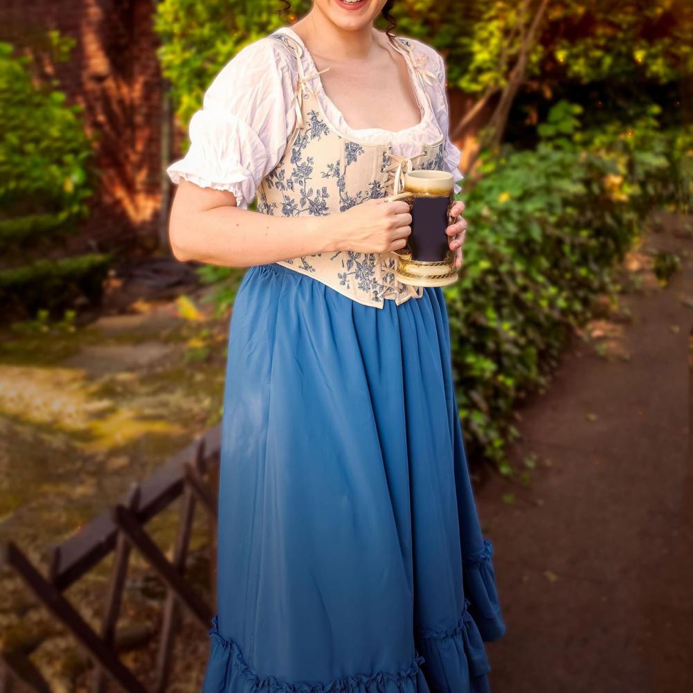 Women Retro Medieval Elastic Lace High Waist Boho Maxi Skirt Casual Drawstring A Line Shirtdresses Backless Vintage Bodycon